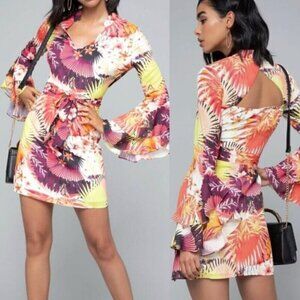 BEBE Long Sleeve Natalie Dress Royal Palm Floral Tropical Bell Sleeve 14 NO BELT